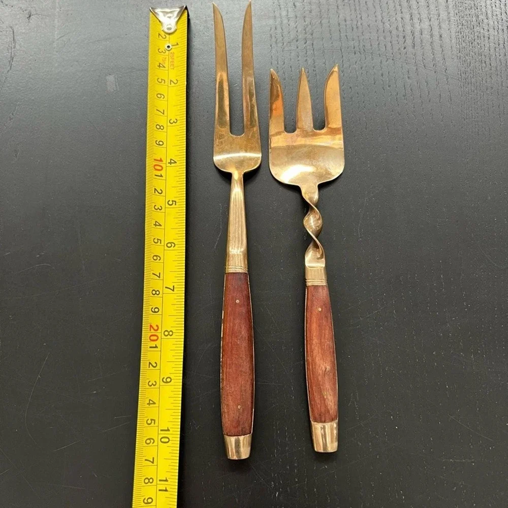 Vintage Brass Flatware Set of Knives Brass with Wood Grain Handle MCM 14pc